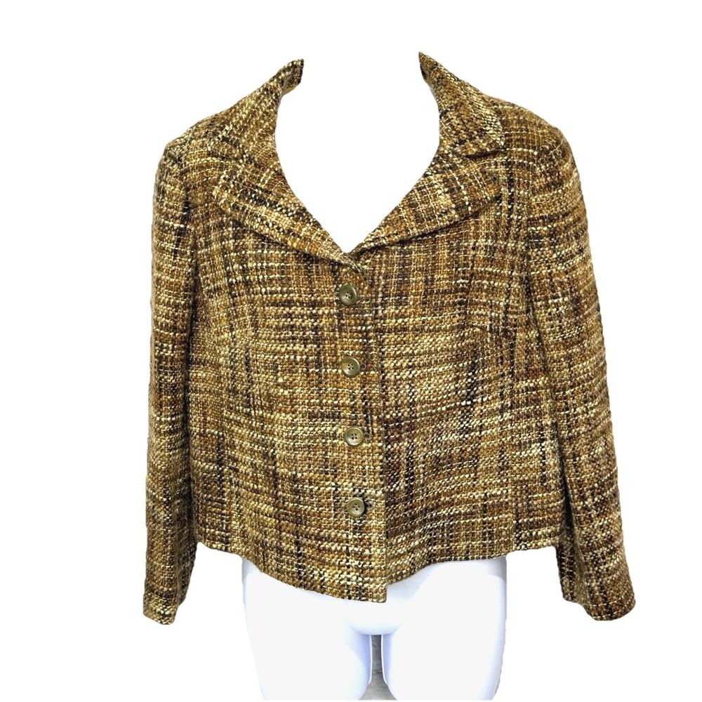 VTG Luciano Barbera Italy 94% Wool Tweed Cropped Blazer Jacket Brown Tan Size 46